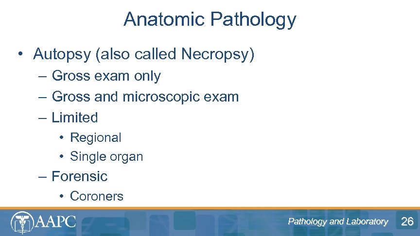 Anatomic Pathology • Autopsy (also called Necropsy) – Gross exam only – Gross and