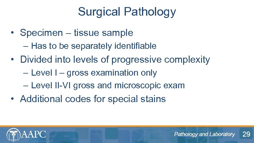 Surgical Pathology • Specimen – tissue sample – Has to be separately identifiable •