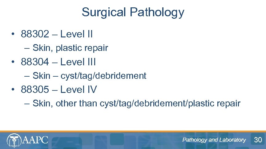 Surgical Pathology • 88302 – Level II – Skin, plastic repair • 88304 –