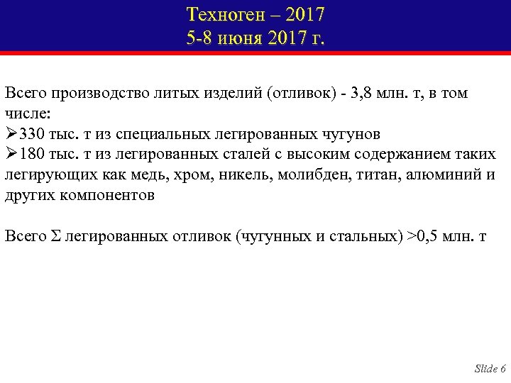 Техноген – 2017 5 -8 июня 2017 г. Всего производство литых изделий (отливок) -