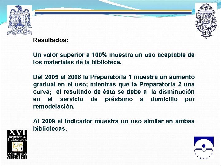 Resultados: Un valor superior a 100% muestra un uso aceptable de los materiales de
