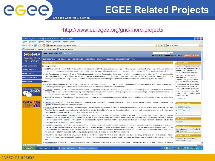 EGEE Related Projects Enabling Grids for E-scienc. E • http: //www. eu-egee. org/grid/more-projects INFSO-RI-508833