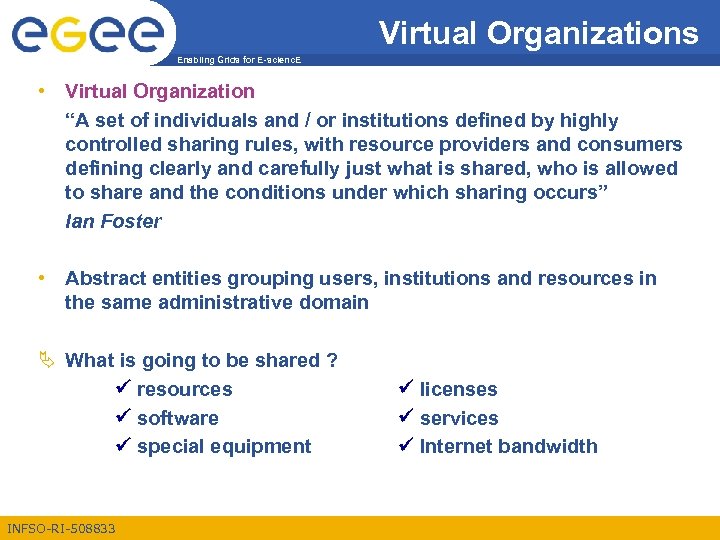 Virtual Organizations Enabling Grids for E-scienc. E • Virtual Organization “A set of individuals