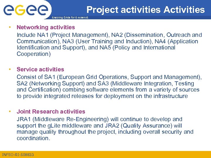 Project activities Activities Enabling Grids for E-scienc. E • Networking activities Include NA 1