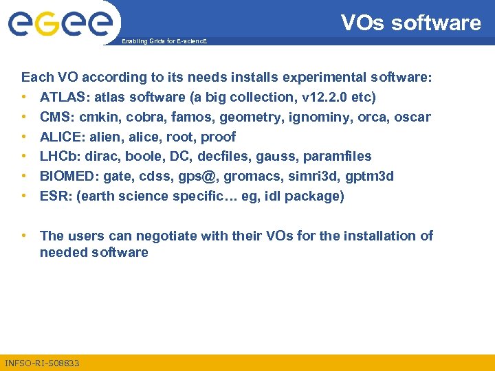 VOs software Enabling Grids for E-scienc. E Each VO according to its needs installs