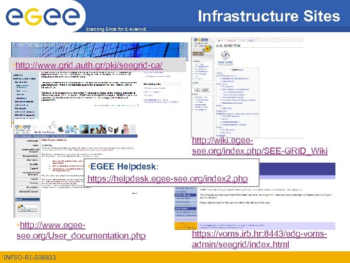Infrastructure Sites Enabling Grids for E-scienc. E • http: //www. grid. auth. gr/pki/seegrid-ca/ http: