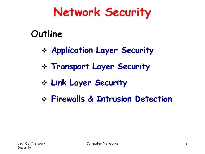 Network Security Outline v Application Layer Security v Transport Layer Security v Link Layer