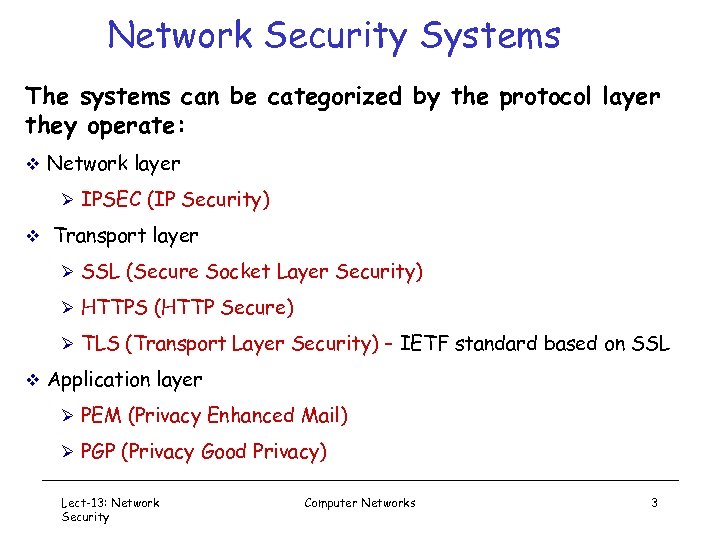 Network Security Systems The systems can be categorized by the protocol layer they operate: