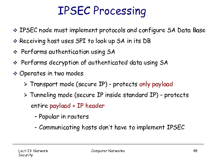 IPSEC Processing v IPSEC node must implement protocols and configure SA Data Base v