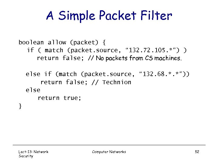 A Simple Packet Filter boolean allow (packet) { if ( match (packet. source, “