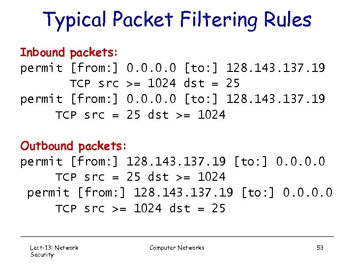 Typical Packet Filtering Rules Inbound packets: permit [from: ] 0. 0 [to: ] 128.