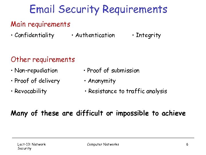 Email Security Requirements Main requirements • Confidentiality • Authentication • Integrity Other requirements •