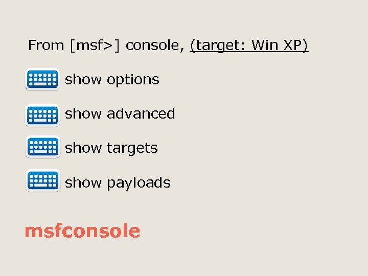 From [msf>] console, (target: Win XP) show options show advanced show targets show payloads