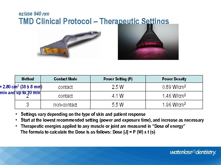 ezlase 940 nm TMD Clinical Protocol – Therapeutic Settings Method Contact Mode Power Setting