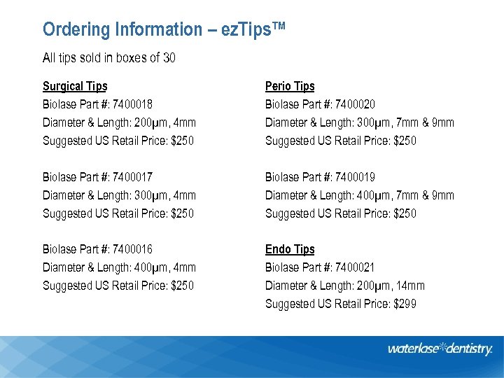 Ordering Information – ez. Tips™ All tips sold in boxes of 30 Surgical Tips