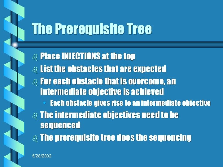 The Prerequisite Tree b Place INJECTIONS at the top b List the obstacles that