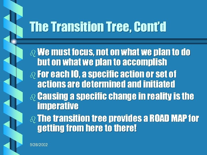 The Transition Tree, Cont’d b We must focus, not on what we plan to