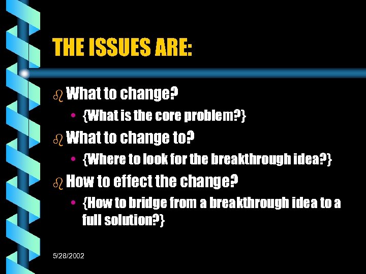 THE ISSUES ARE: b What to change? • {What is the core problem? }