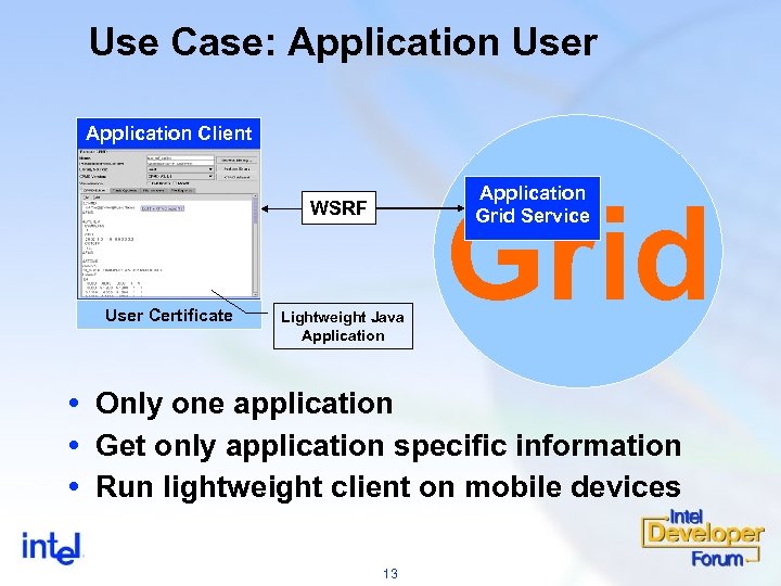 Use Case: Application User Application Client Application Grid Service WSRF User Certificate Lightweight Java