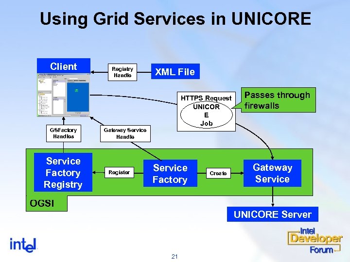 Using Grid Services in UNICORE Client Registry Handle XML File HTTPS Request UNICOR E