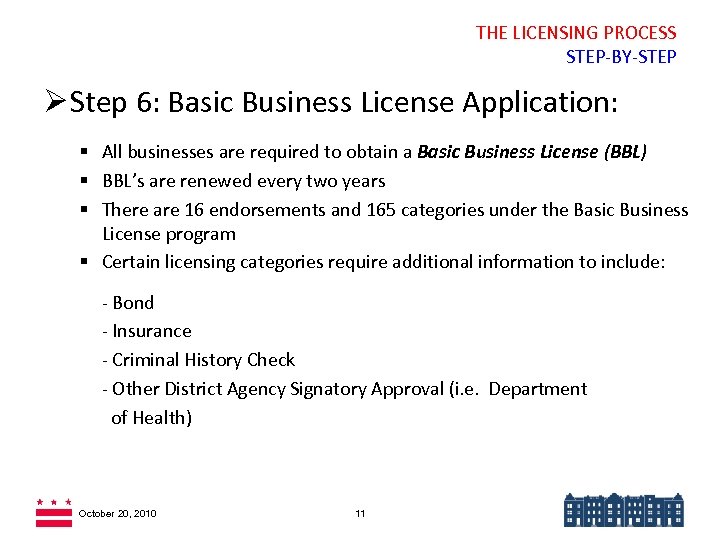 THE LICENSING PROCESS STEP-BY-STEP Ø Step 6: Basic Business License Application: § All businesses