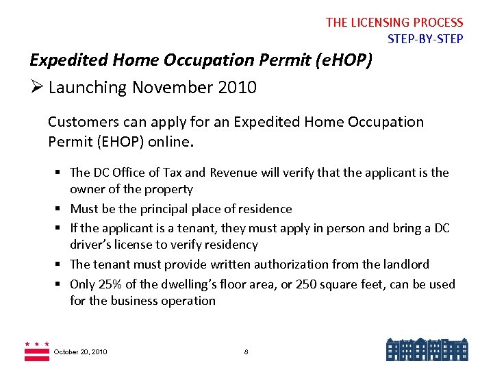 THE LICENSING PROCESS STEP-BY-STEP Expedited Home Occupation Permit (e. HOP) Ø Launching November 2010
