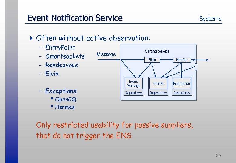 Event Notification Service Systems 4 Often without active observation: - Entry. Point Smartsockets Rendezvous