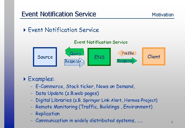 Event Notification Service Motivation 4 Event Notification Service Source Query Response ENS Profile Response