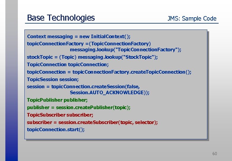 Base Technologies JMS: Sample Code Context messaging = new Initial. Context(); topic. Connection. Factory