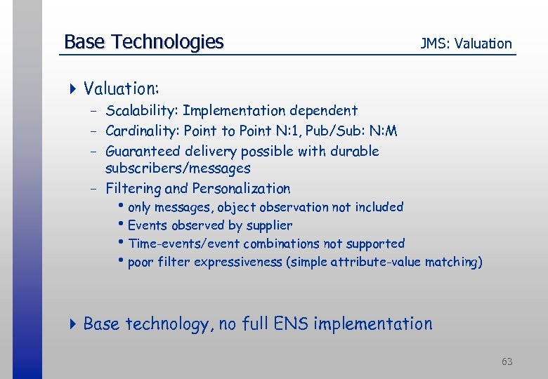 Base Technologies JMS: Valuation 4 Valuation: - Scalability: Implementation dependent - Cardinality: Point to