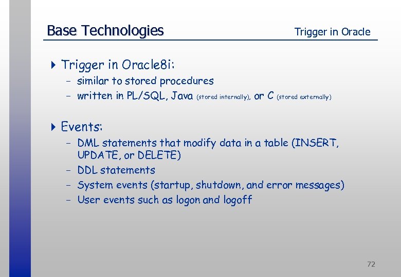 Base Technologies Trigger in Oracle 4 Trigger in Oracle 8 i: - similar to