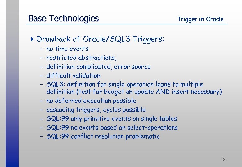 Base Technologies Trigger in Oracle 4 Drawback of Oracle/SQL 3 Triggers: - no time