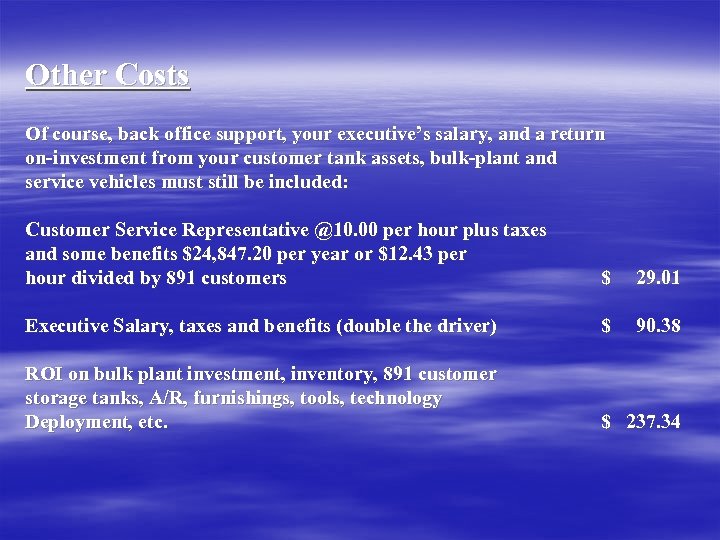 Other Costs Of course, back office support, your executive’s salary, and a return on-investment
