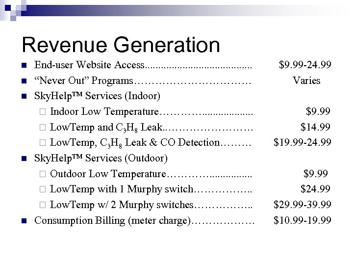 Revenue Generation n n End-user Website Access. . . . . “Never Out” Programs………………