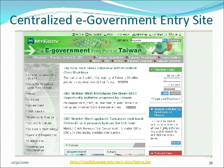 Centralized e-Government Entry Site 10/30/2007 http: //english. www. gov. tw/e-Gov/index. jsp 39 