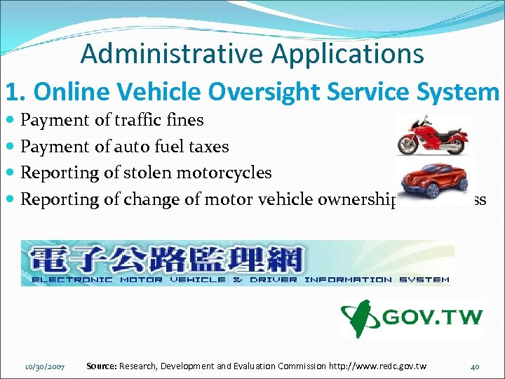 Administrative Applications 1. Online Vehicle Oversight Service System Payment of traffic fines Payment of