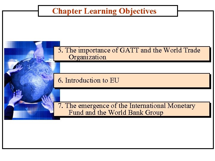Chapter Learning Objectives 5. The importance of GATT and the World Trade Organization 6.