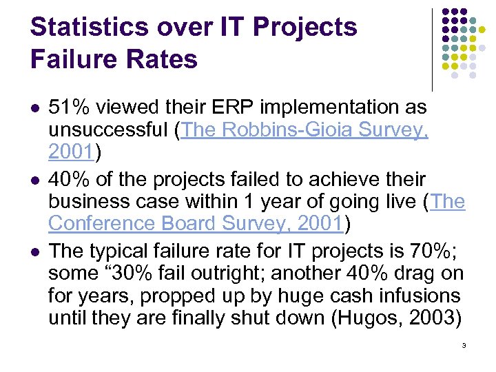 Statistics over IT Projects Failure Rates l l l 51% viewed their ERP implementation