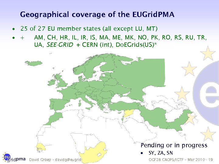 Geographical coverage of the EUGrid. PMA · 25 of 27 EU member states (all