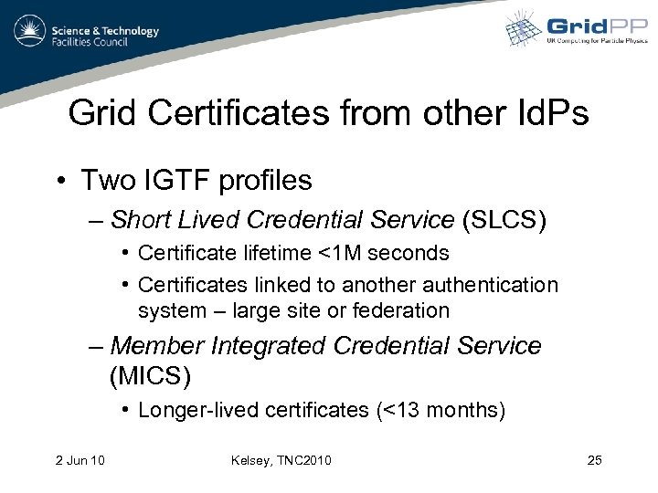 Grid Certificates from other Id. Ps • Two IGTF profiles – Short Lived Credential