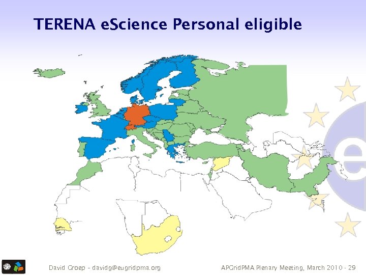 TERENA e. Science Personal eligible David Groep – davidg@eugridpma. org APGrid. PMA Plenary Meeting,