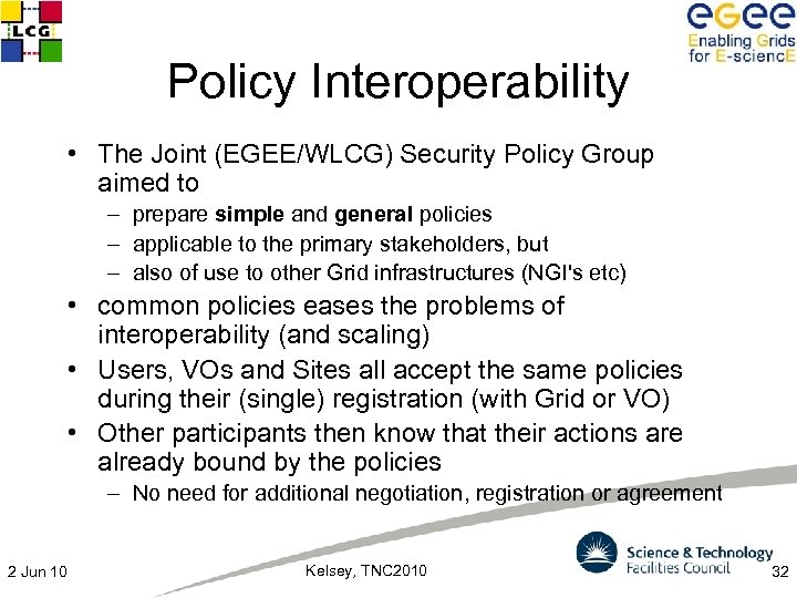 Policy Interoperability • The Joint (EGEE/WLCG) Security Policy Group aimed to – prepare simple