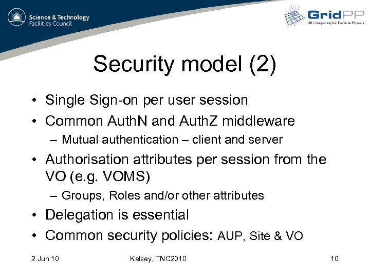 Security model (2) • Single Sign-on per user session • Common Auth. N and