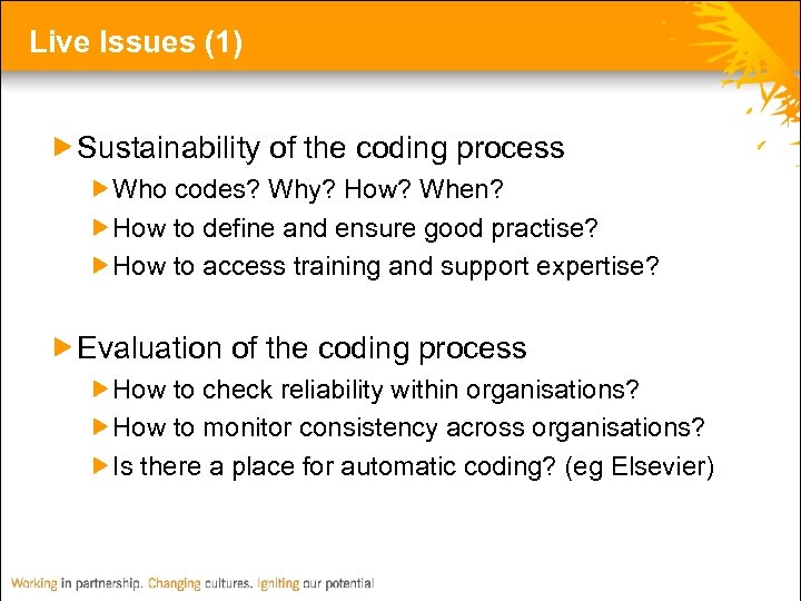 Live Issues (1) Sustainability of the coding process Who codes? Why? How? When? How