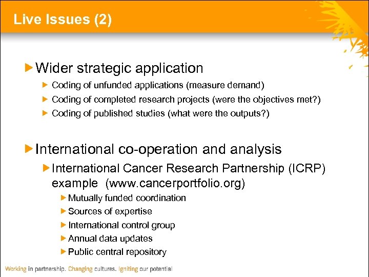 Live Issues (2) Wider strategic application Coding of unfunded applications (measure demand) Coding of