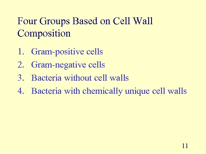 Four Groups Based on Cell Wall Composition 1. 2. 3. 4. Gram-positive cells Gram-negative