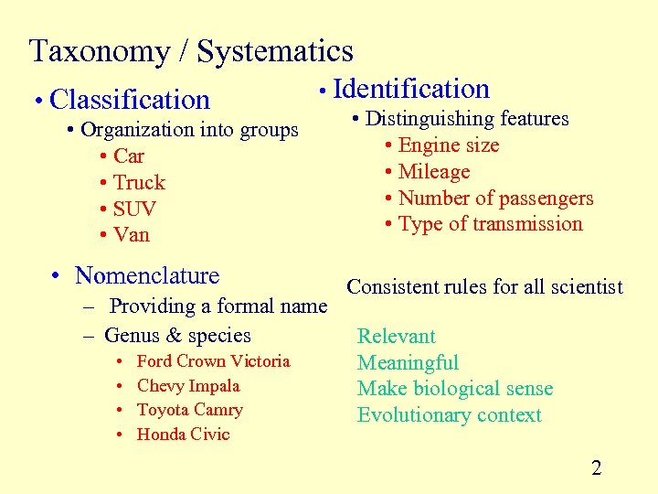 Taxonomy / Systematics • Identification • Distinguishing features • Organization into groups • Engine