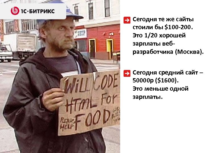 Сегодня те же сайты стоили бы $100 -200. Это 1/20 хорошей зарплаты вебразработчика (Москва).