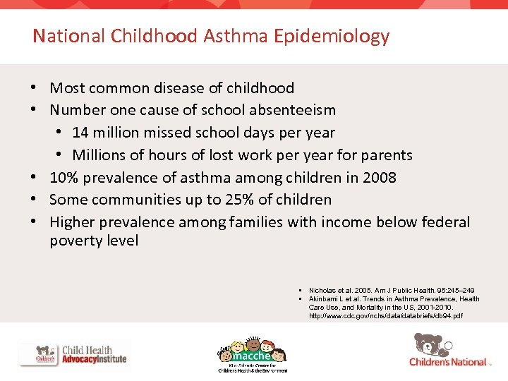 National Childhood Asthma Epidemiology • Most common disease of childhood • Number one cause