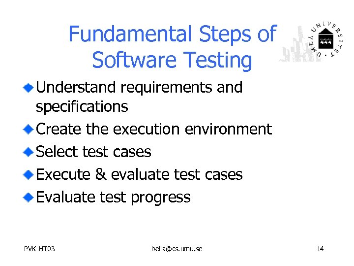 Fundamental Steps of Software Testing Understand requirements and specifications Create the execution environment Select
